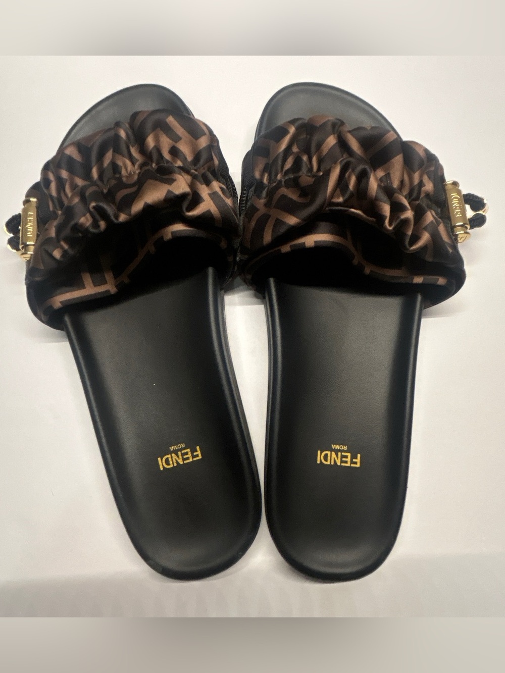 Fendi Black & Brown Monogram Ruffle Slide Sandals